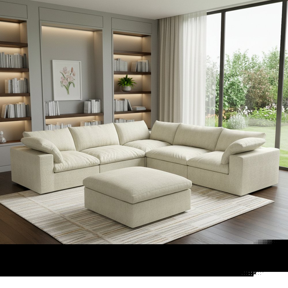 Khaki Linen Blend Modular L Shaped Six Piece Sofa and Chaise Sectional