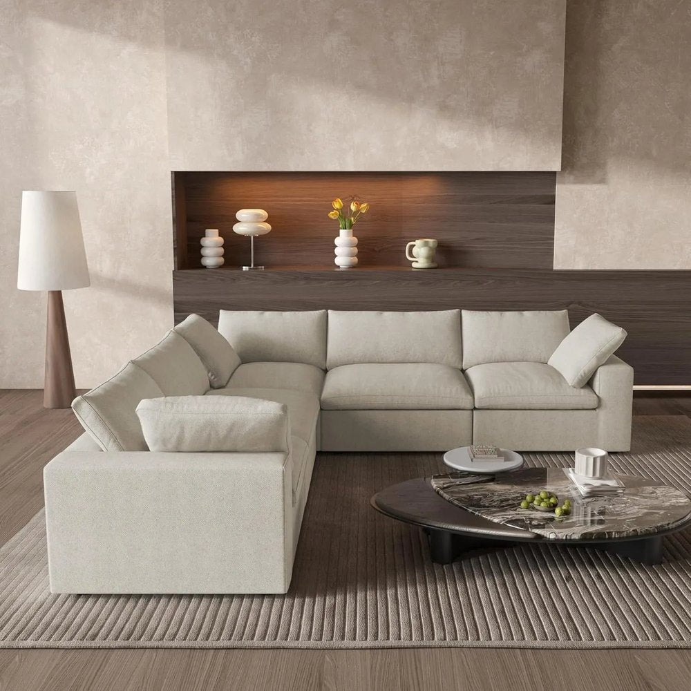 Khaki Linen Blend L Shaped Five Piece Corner Sectional