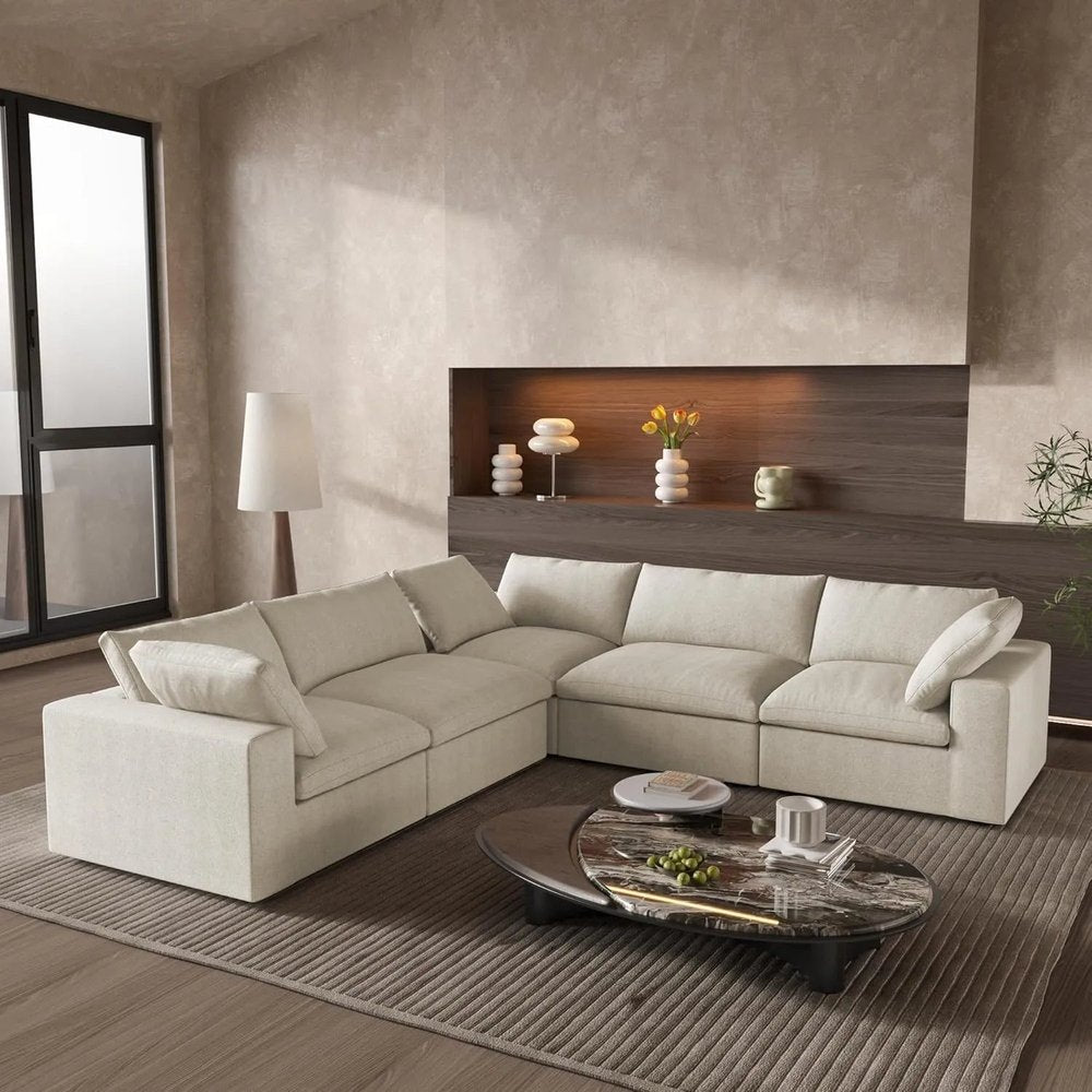 Khaki Linen Blend L Shaped Five Piece Corner Sectional