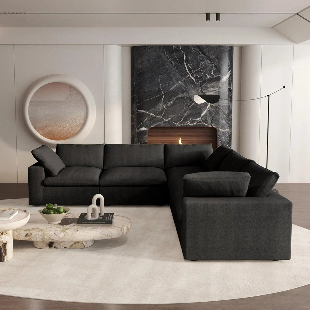 Black Linen Blend Modular L Shaped Five Piece Corner Sectional