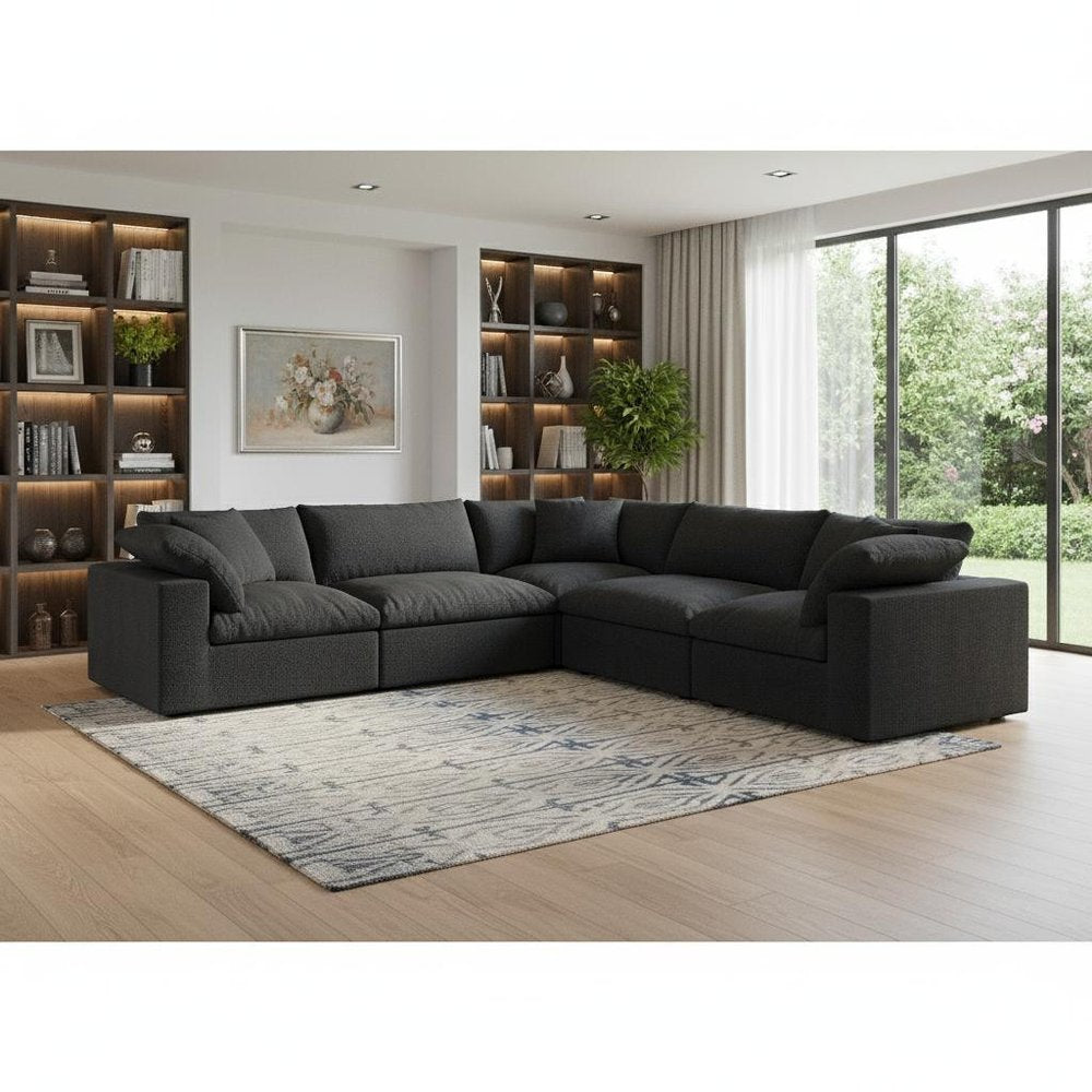 Black Linen Blend Modular L Shaped Five Piece Corner Sectional