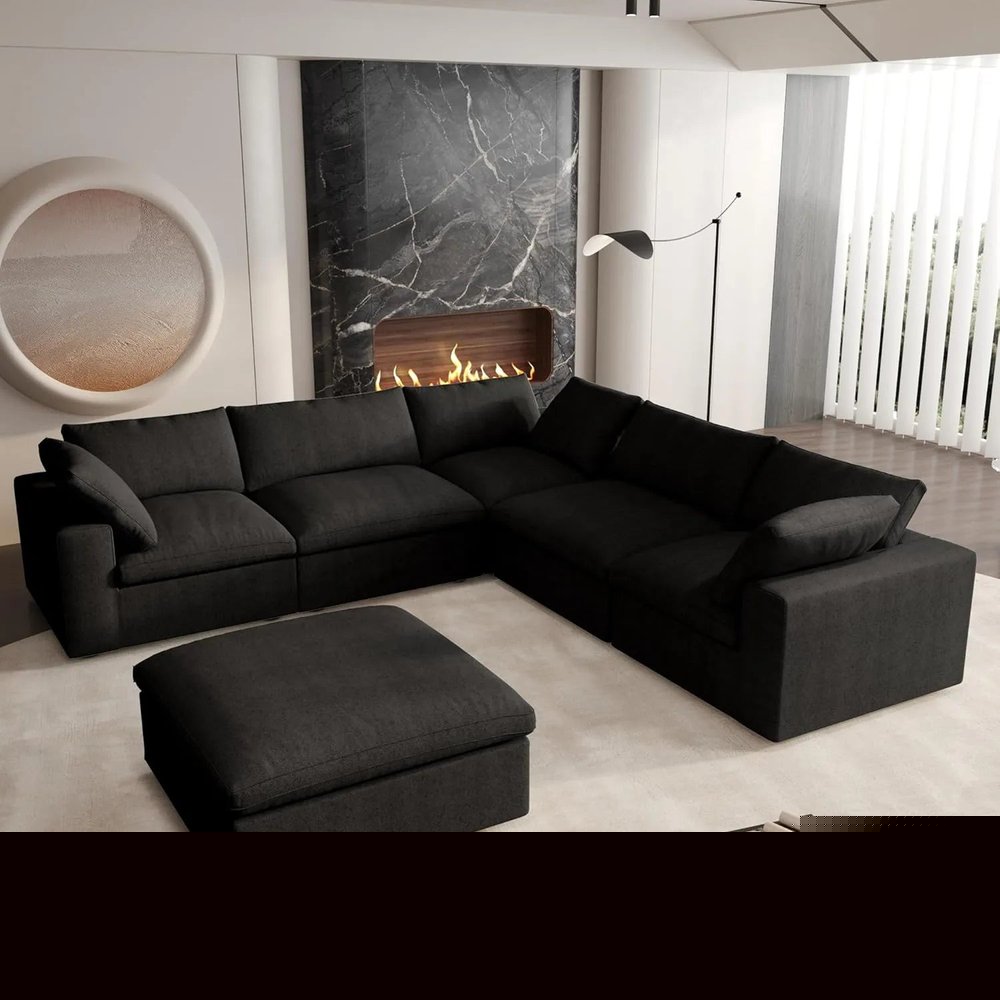Black Linen Blend Modular L Shaped Six Piece Corner Sectional