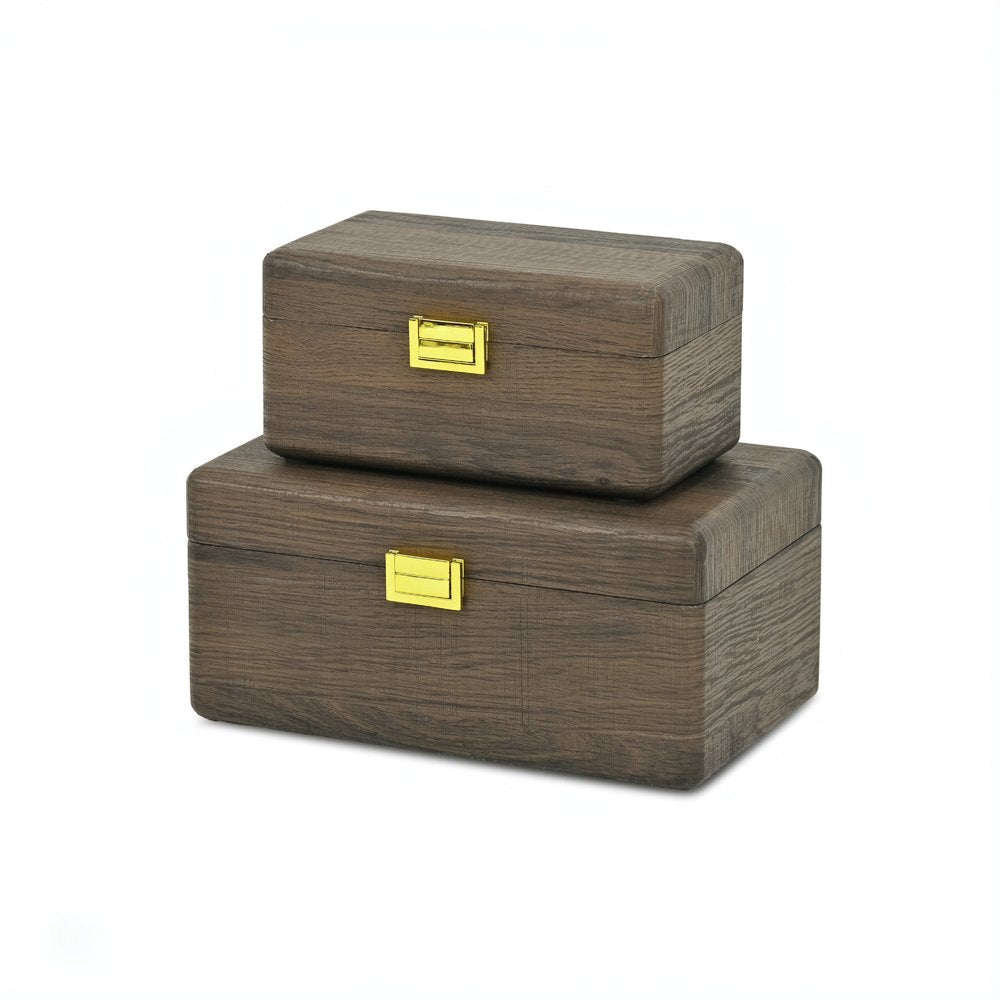 Set of Two Dark Brown Wood Hand Painted Decorative Box