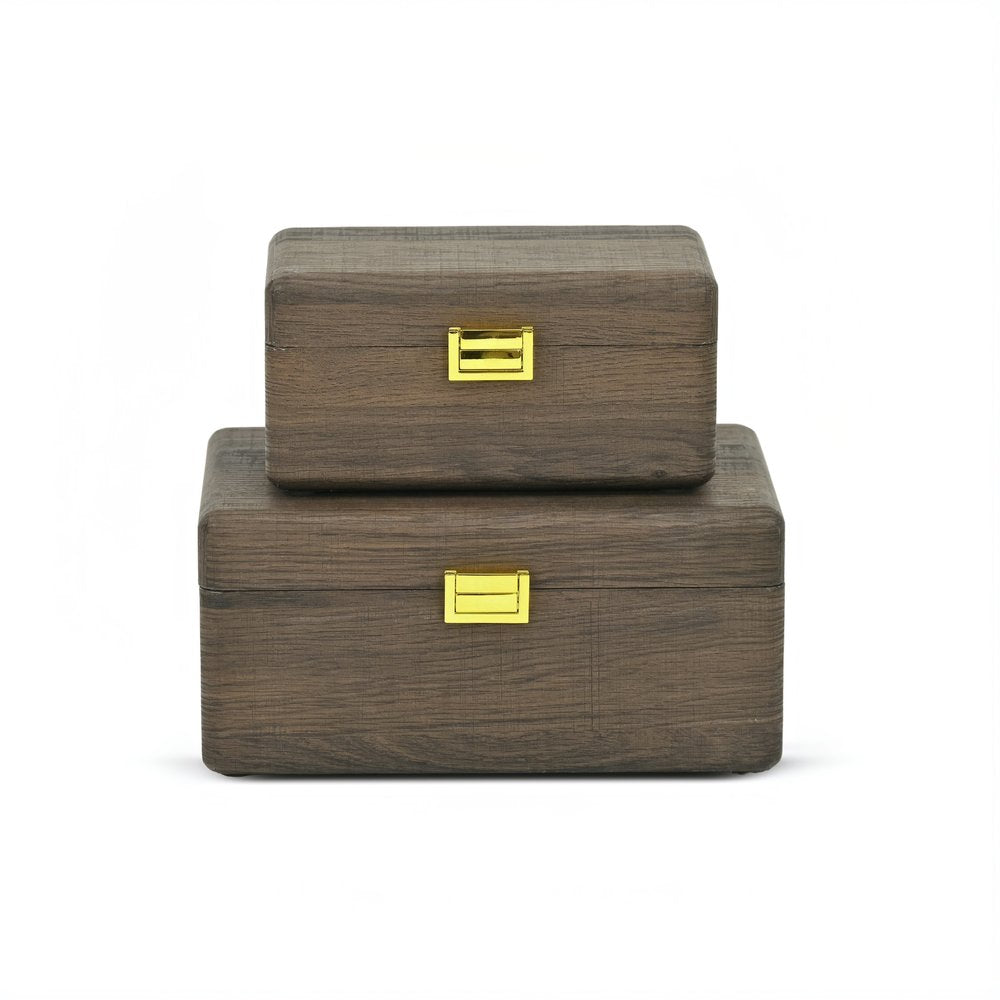 Set of Two Dark Brown Wood Hand Painted Decorative Box