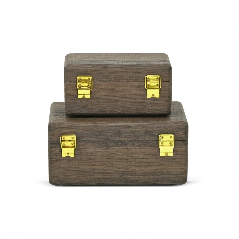 Set of Two Dark Brown Wood Hand Painted Decorative Box
