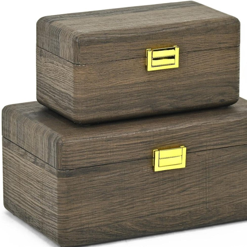 Set of Two Dark Brown Wood Hand Painted Decorative Box