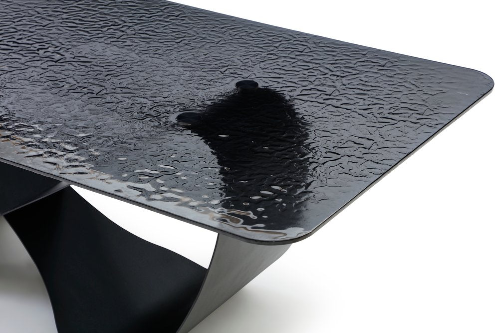 94" Black Glass and Brass Double Geo Pedestal Base Dining Table
