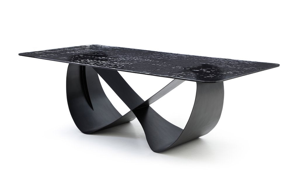94" Black Glass and Brass Double Geo Pedestal Base Dining Table