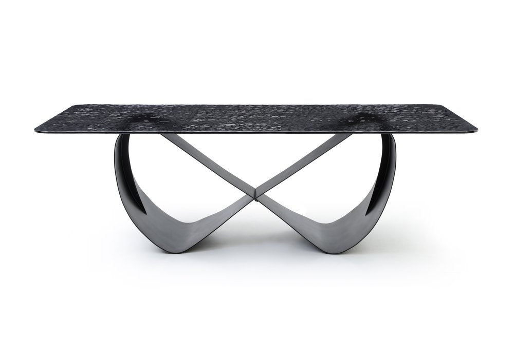 94" Black Glass and Brass Double Geo Pedestal Base Dining Table
