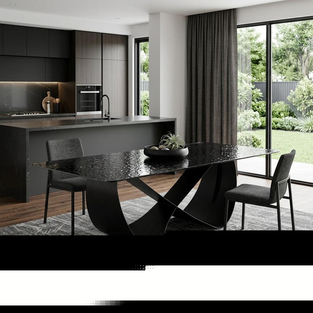 94" Black Glass and Brass Double Geo Pedestal Base Dining Table