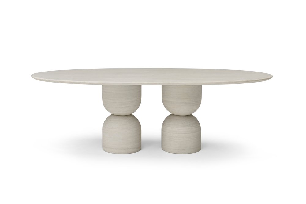 94" Beige Marble Double Pedestal Base Oval Dining Table