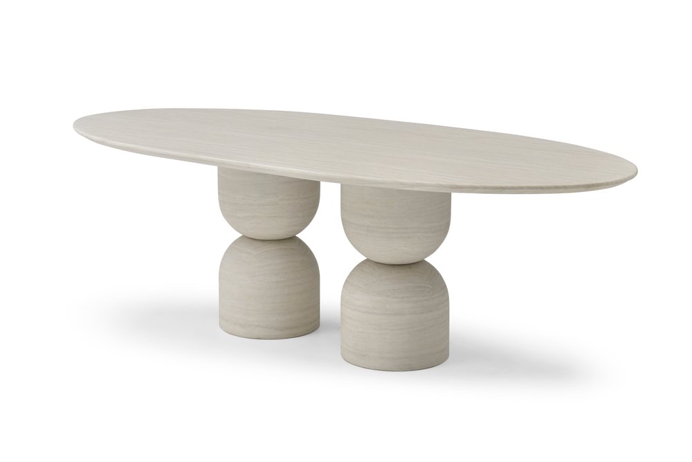 94" Beige Marble Double Pedestal Base Oval Dining Table