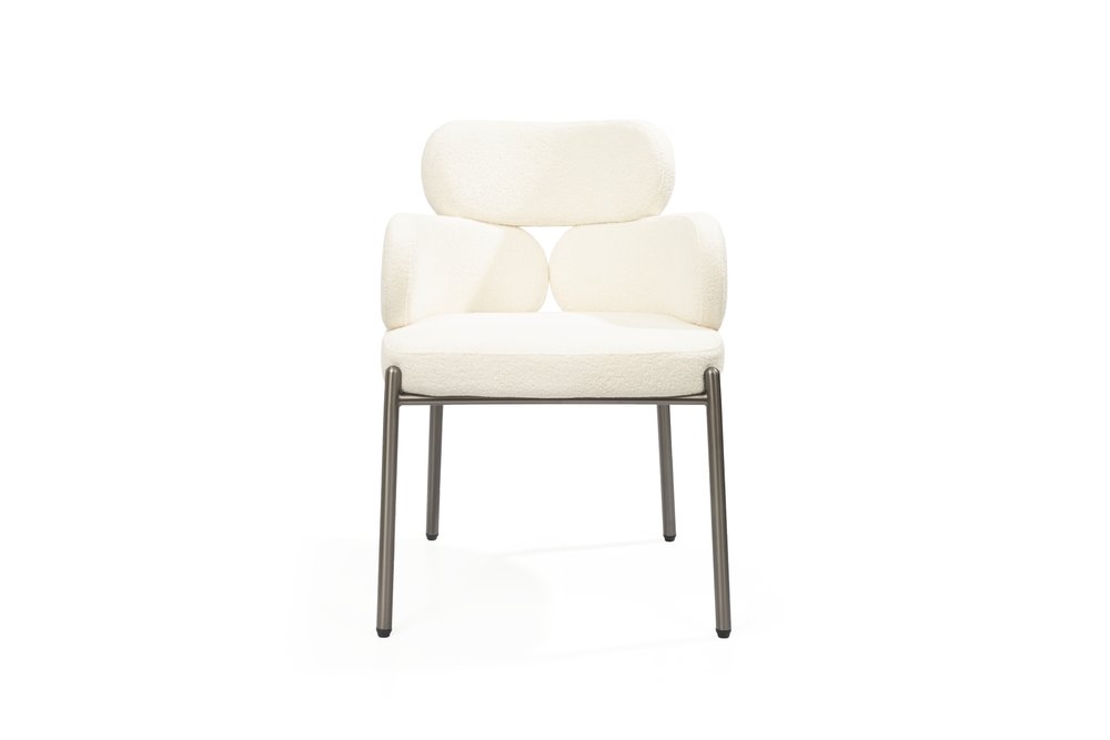 White and Gunmetal Boucle Dining Arm Chair