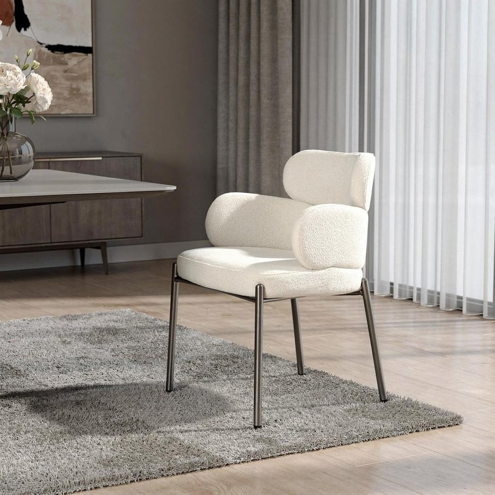 White and Gunmetal Boucle Dining Arm Chair