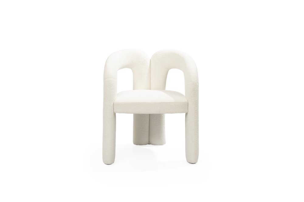White Boucle Partially Open Back Dining Arm Chair