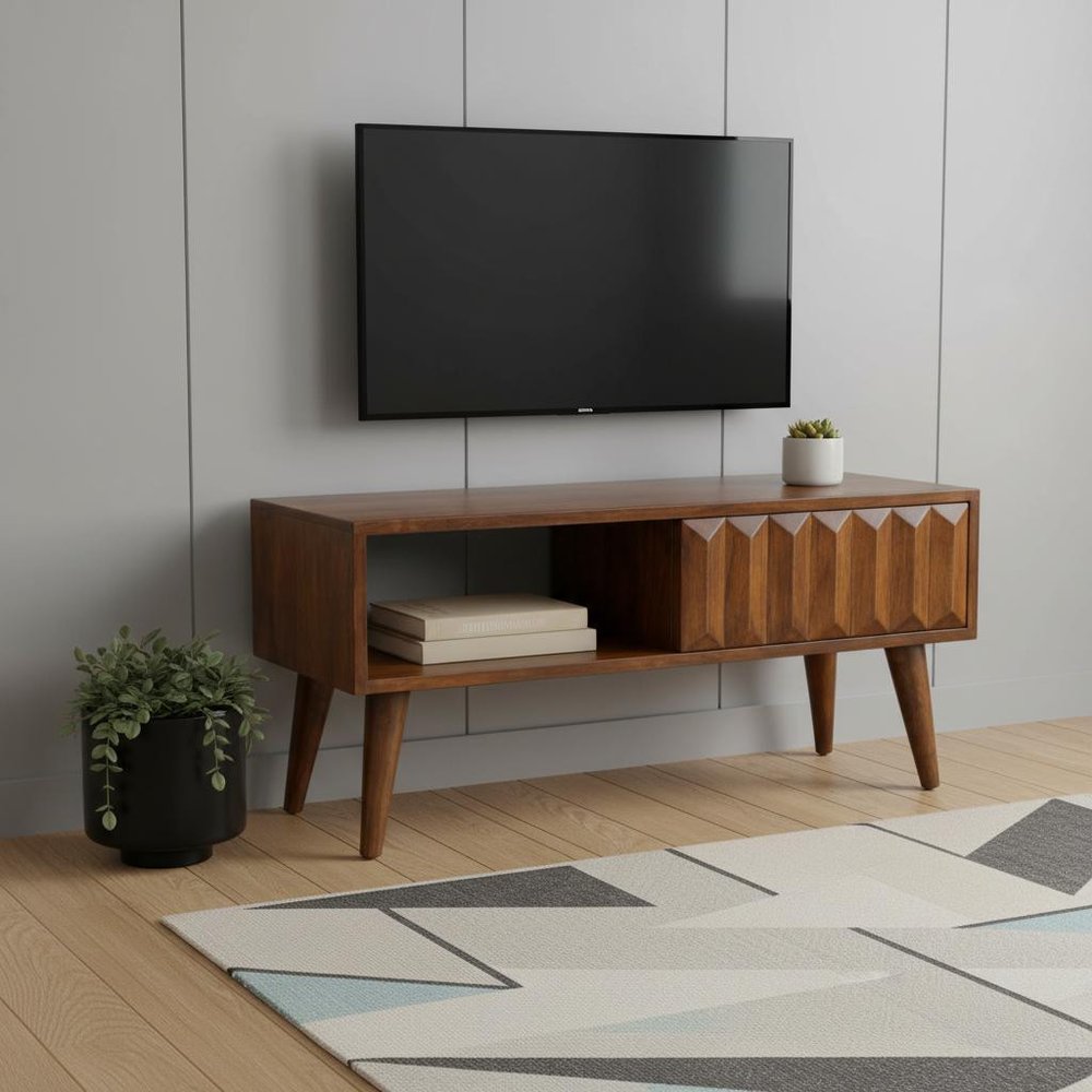 35" Brown Solid Wood Enclosed and Open Storage TV Stand