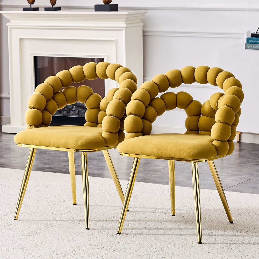 Set of Two Yellow and Gold Velvet Dining Side Chairs
