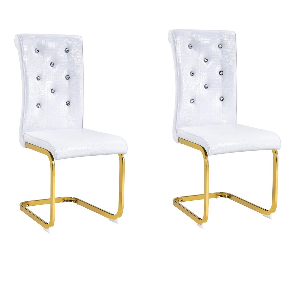 Set of Two White and Gold Faux Leather Dining Side Chairs