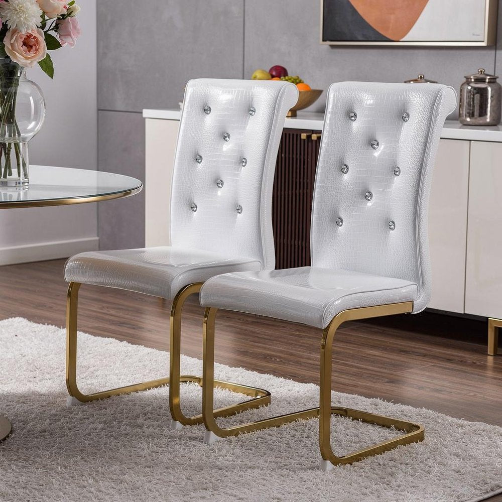 Set of Two White and Gold Faux Leather Dining Side Chairs