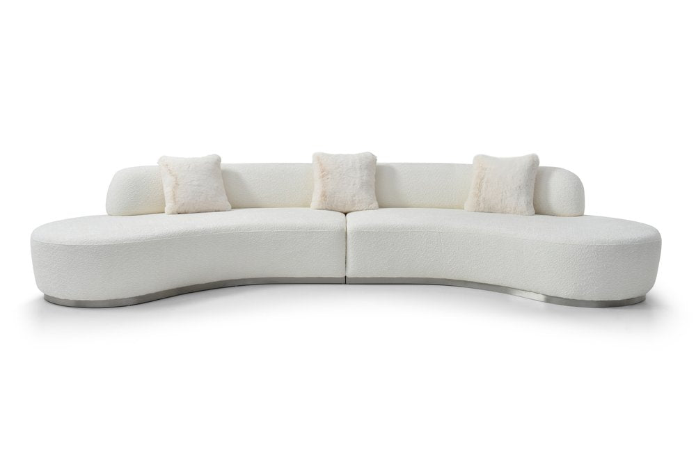 150" White Cotton Blend Curved Sofa With Toss Pillows