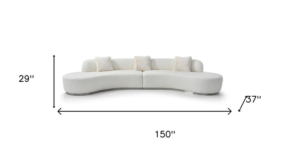 150" White Cotton Blend Curved Sofa With Toss Pillows