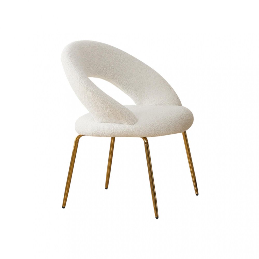White and Gold Boucle and Metal Curved Back Dining Side Chair