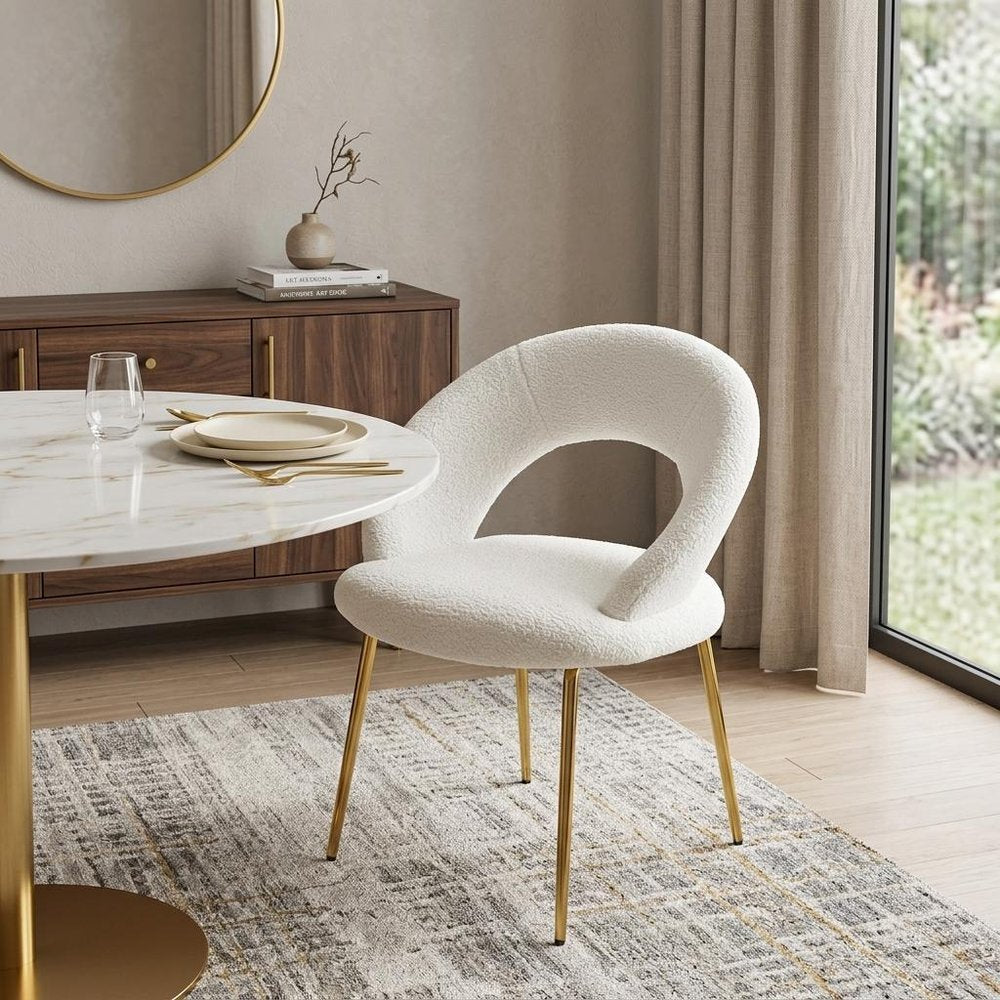 White and Gold Boucle and Metal Curved Back Dining Side Chair