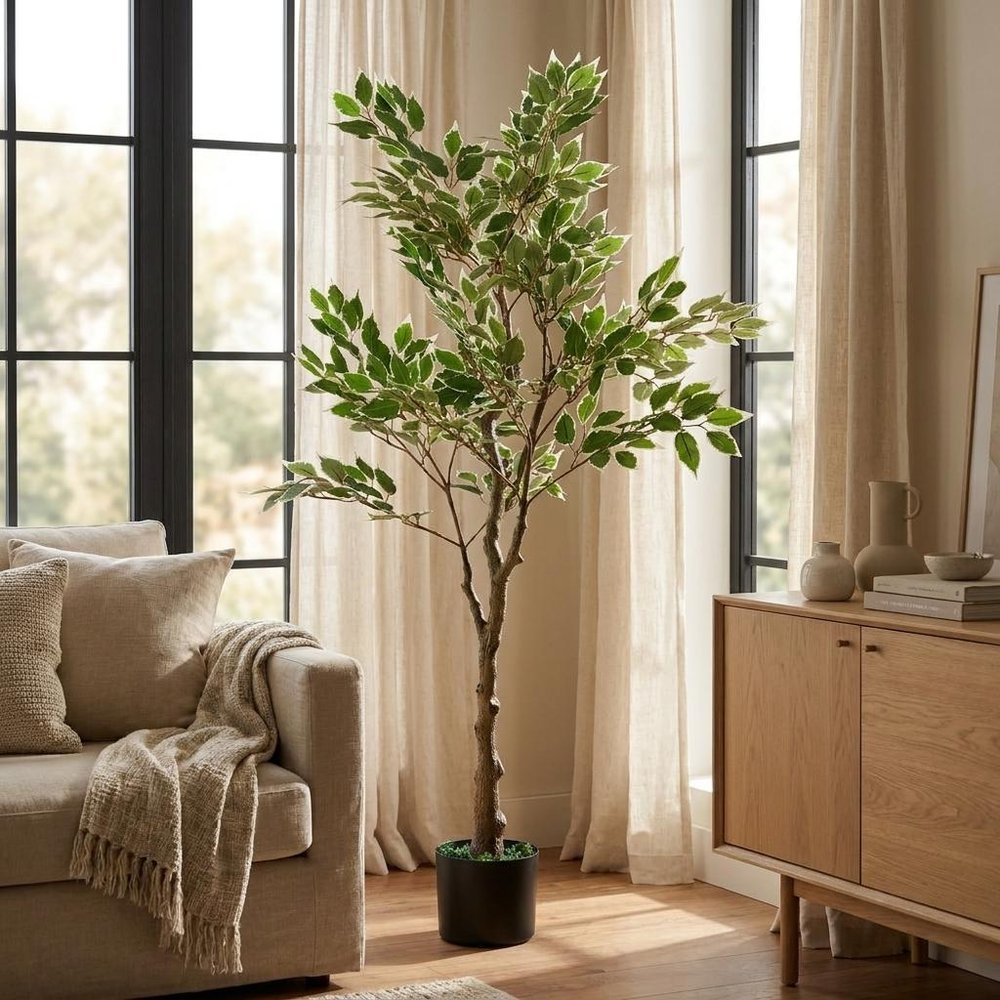51" Green Artificial Ficus Tree In Cylindrical Black Pot