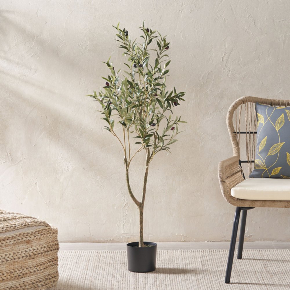 47" Green Artificial Olive Tree In Cylindrical Black Pot