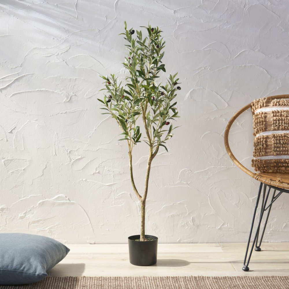 47" Green Artificial Olive Tree In Cylindrical Black Pot