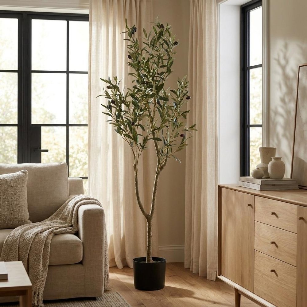 47" Green Artificial Olive Tree In Cylindrical Black Pot