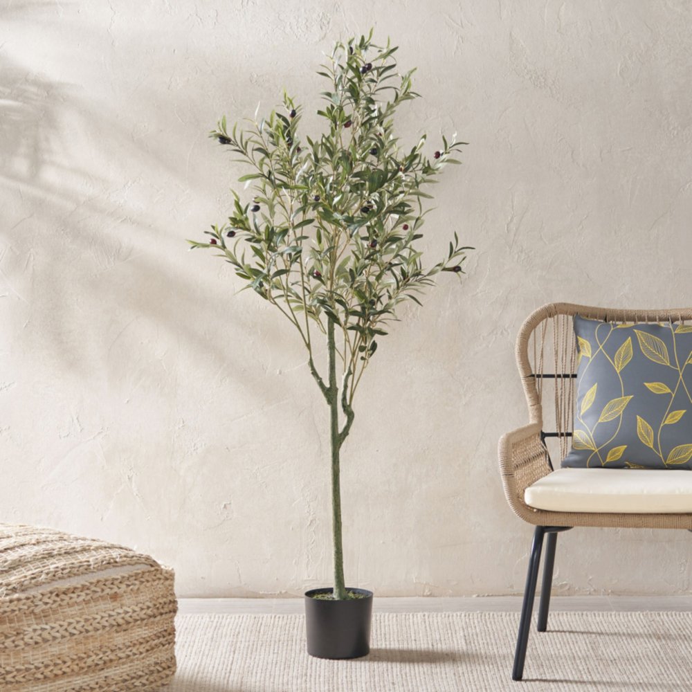 59" Green Artificial Olive Tree In Cylindrical Black Pot