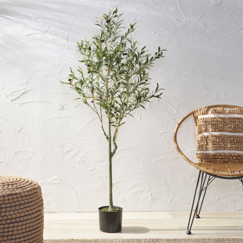 59" Green Artificial Olive Tree In Cylindrical Black Pot