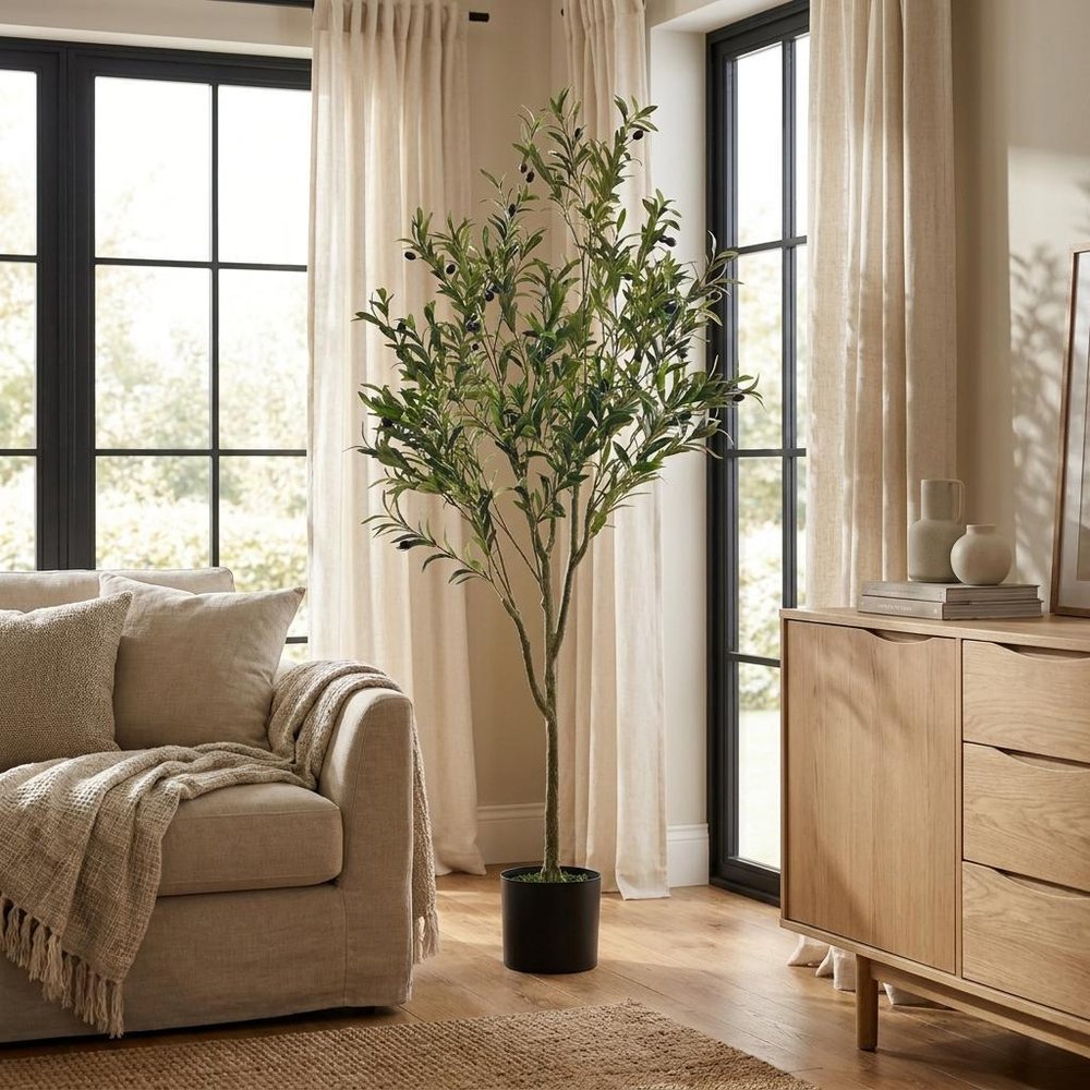 71" Green Artificial Olive Tree In Cylindrical Black Pot