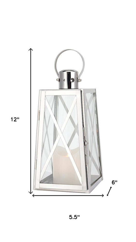 12" Clear And Silver Glass And Stainless Steel Tabletop Lantern Candle Holder