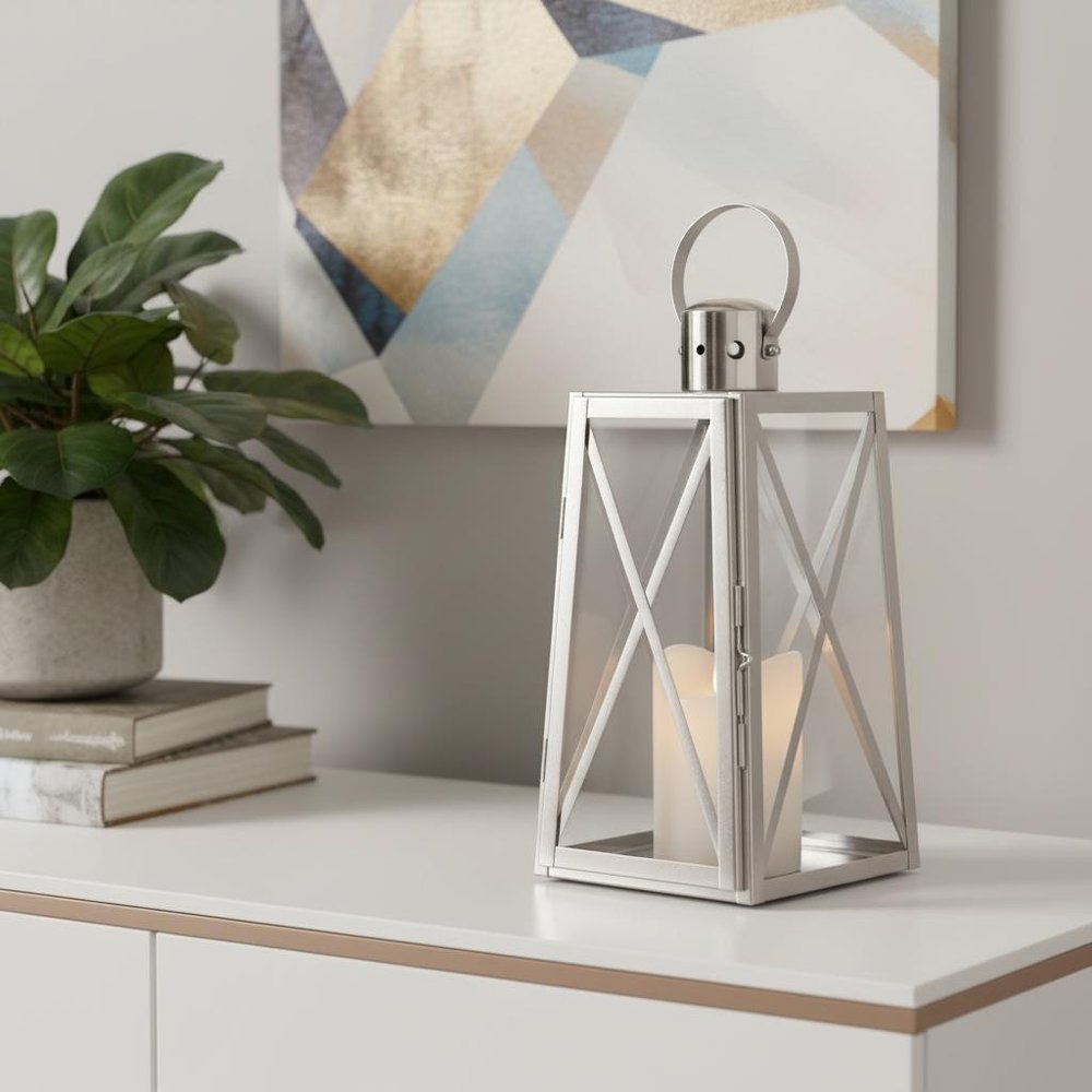12" Clear And Silver Glass And Stainless Steel Tabletop Lantern Candle Holder