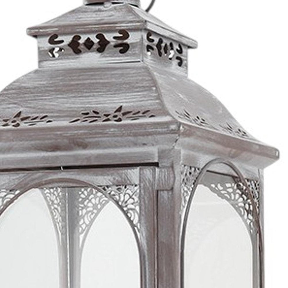 Set of Three Clear And Gray Glass And Metal Tabletop Lantern Candle Holders