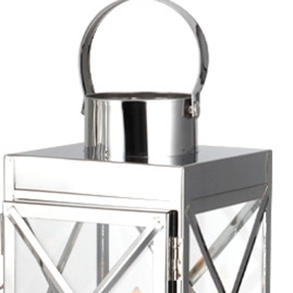 Set of Three Clear And Silver Glass And Stainless Steel Tabletop Lantern Candle Holders