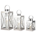 Set of Three Clear And Silver Glass And Stainless Steel Tabletop Lantern Candle Holders