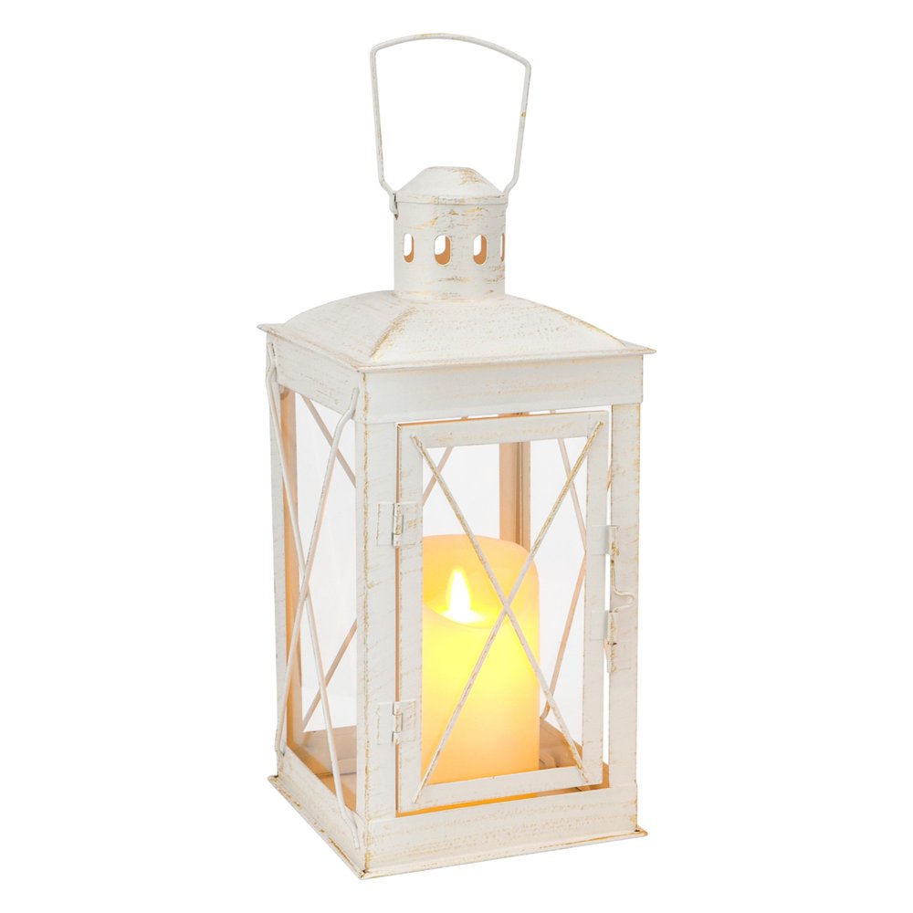 Set of Two Clear And White Glass And Metal Tabletop Lantern Candle Holders