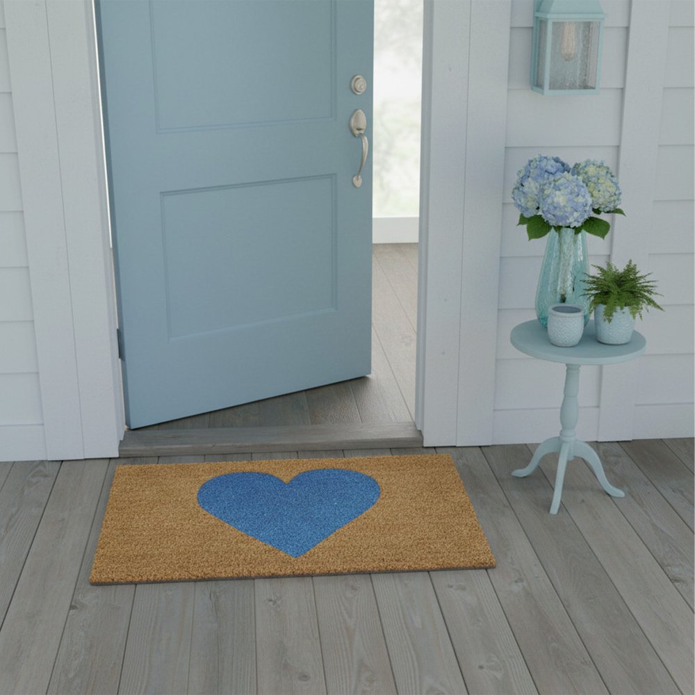 36" X 72" Brown And Blue Heart Outdoor Coir Door Mat