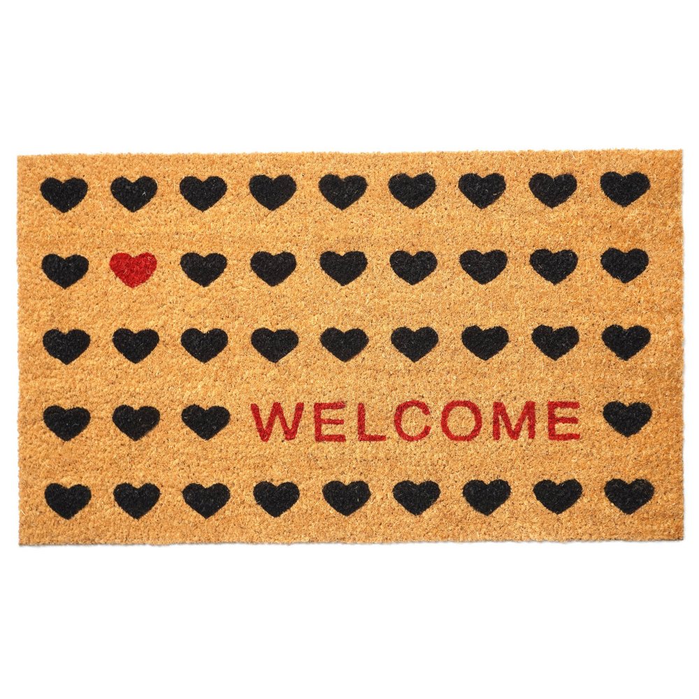 30" X 48" Brown Black And Red Hearts Welcome Outdoor Coir Door Mat
