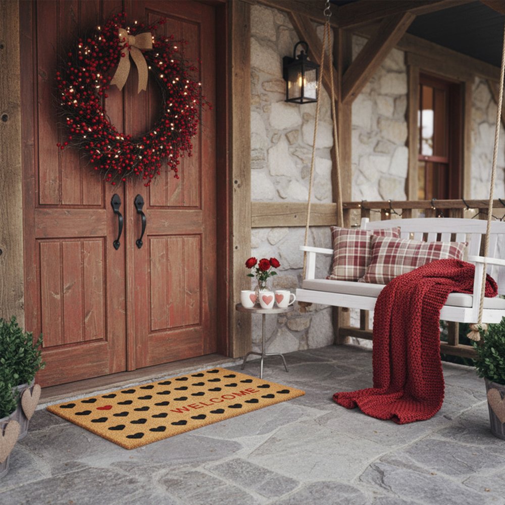 30" X 48" Brown Black And Red Hearts Welcome Outdoor Coir Door Mat