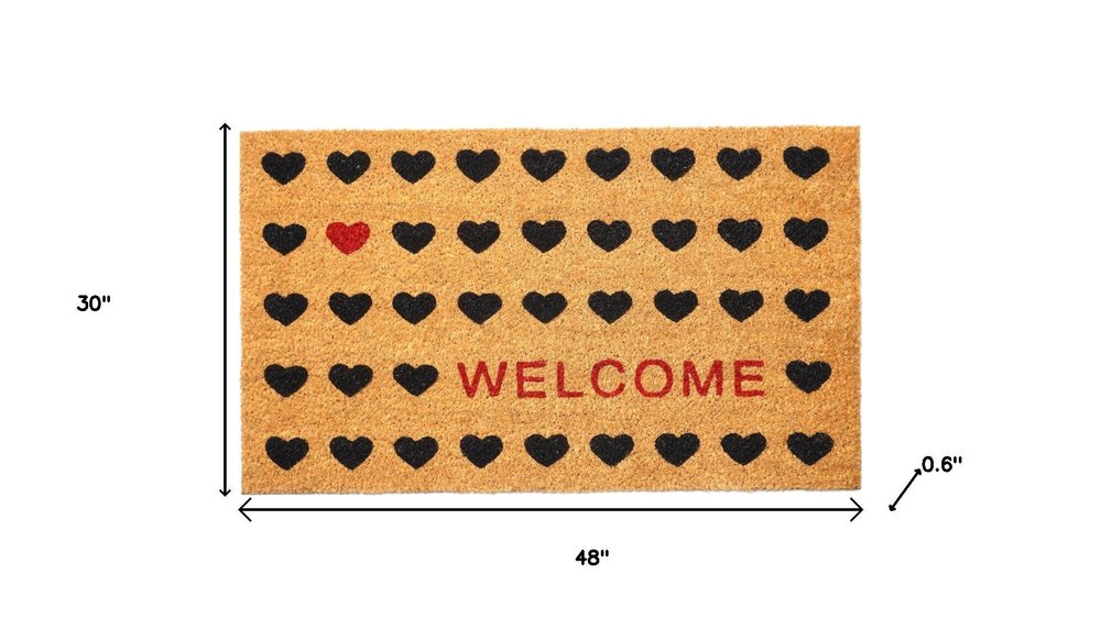30" X 48" Brown Black And Red Hearts Welcome Outdoor Coir Door Mat