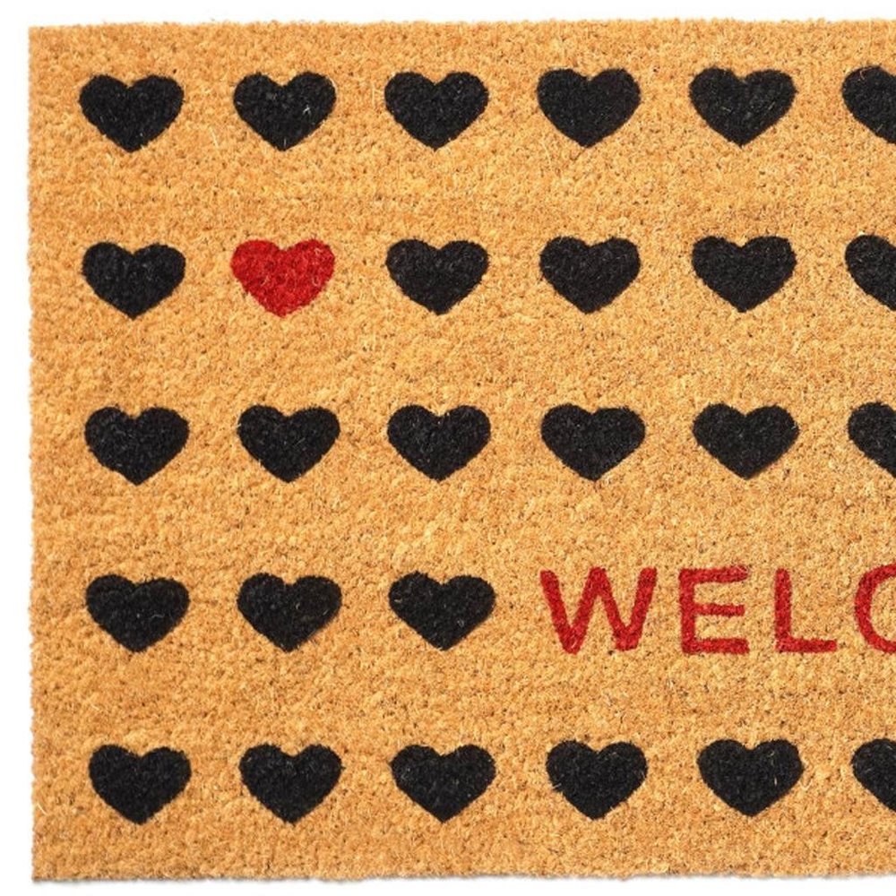 30" X 48" Brown Black And Red Hearts Welcome Outdoor Coir Door Mat