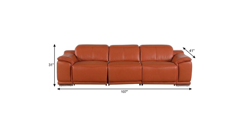 107" Chestnut Italian Leather Reclining Metal USB Sofa