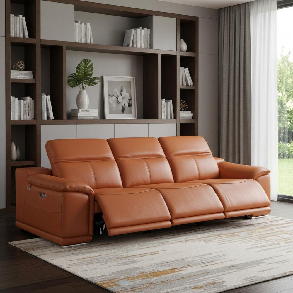 107" Chestnut Italian Leather Reclining Metal USB Sofa
