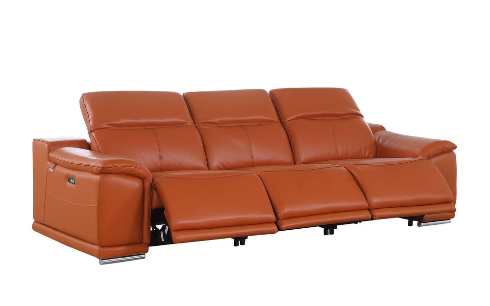 107" Chestnut Italian Leather Reclining Metal USB Sofa