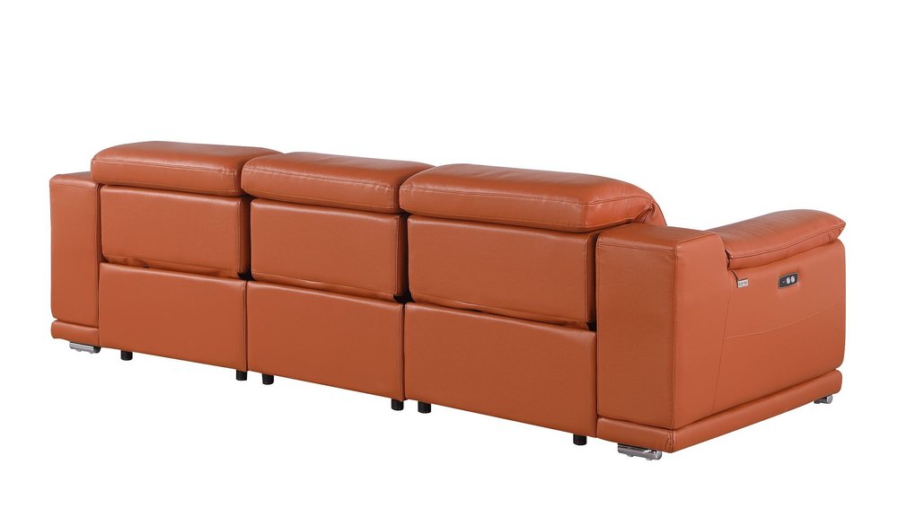 107" Chestnut Italian Leather Reclining Metal USB Sofa