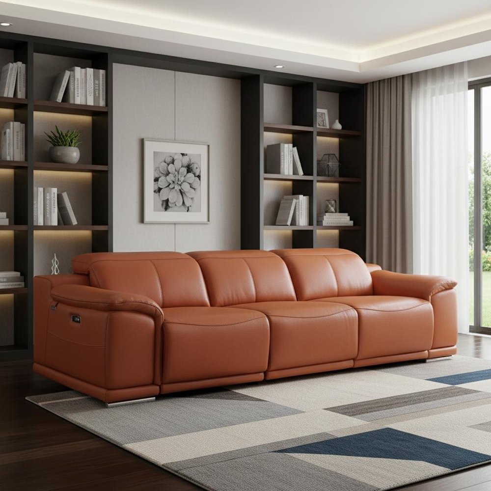 107" Camel Italian Leather Reclining Metal USB Sofa